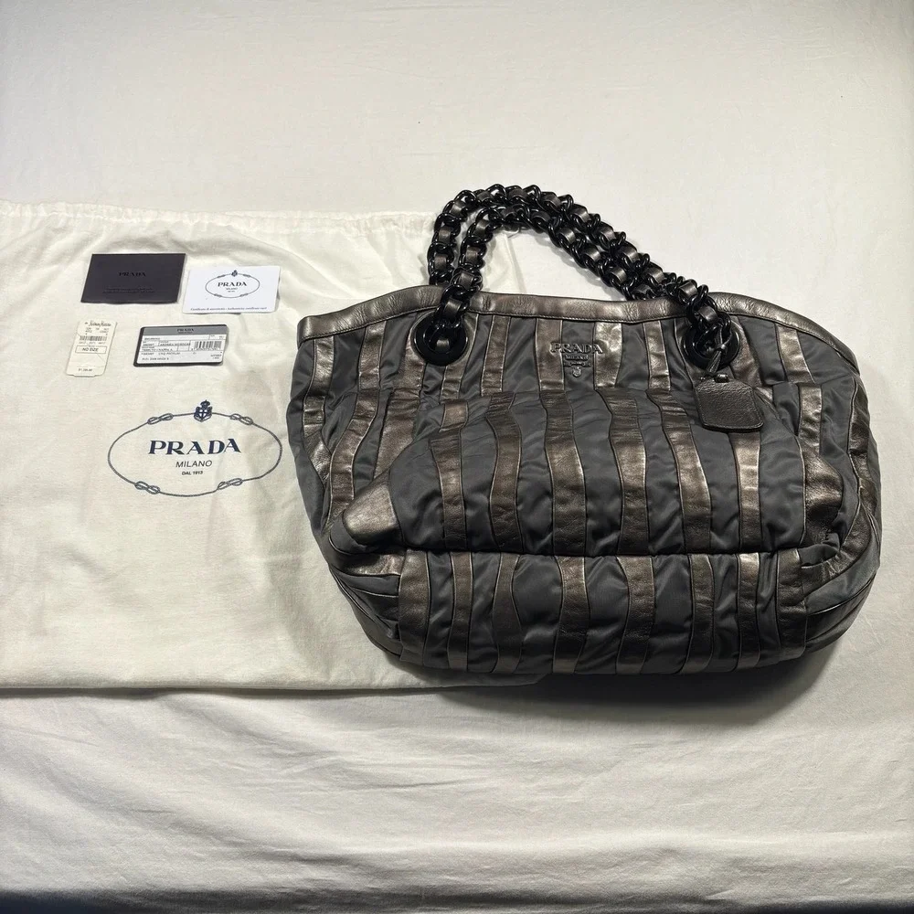 Prada Metalic Napa Tessuto Nylon Mordore Striped Pre-Owned Metallic Chain‎ Tote